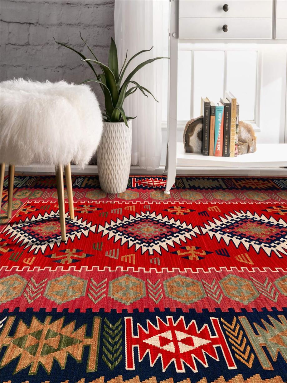 Kilim Desenli Anadolu Motifli Yıkanabilir Salon - Oturma Odası Halısı Yolluk Halı