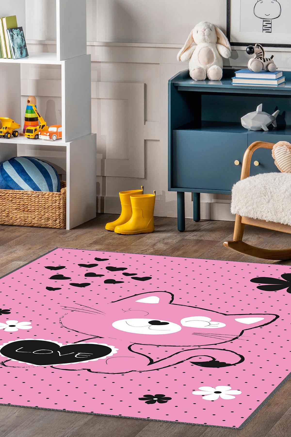 Pembe Kedi Baskılı Kaymaz Tabanlı Makinede Yıkanabilir Çocuk Halısı