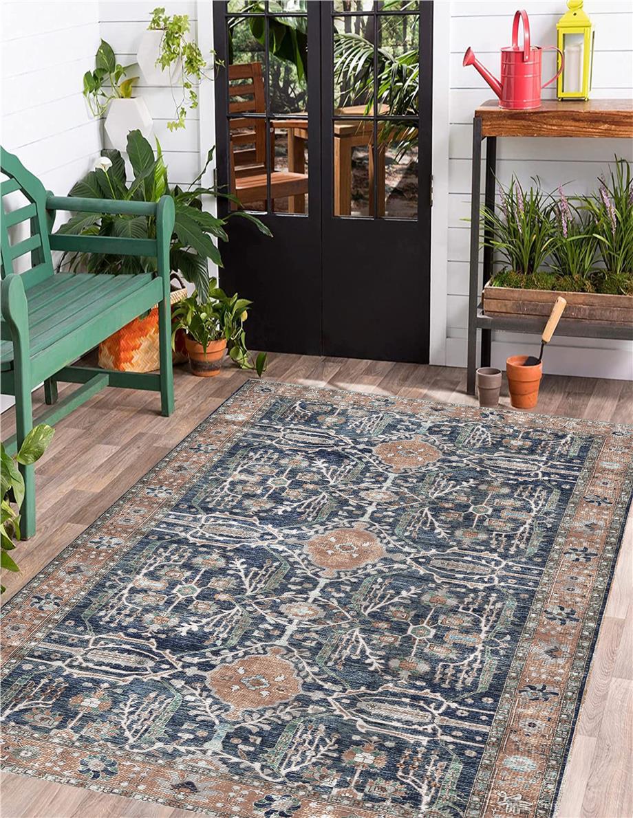 Navy Eskitme Desen Dokuma Taban Yıkanabilir Halı Salon Oturma Odası Hol Antre Halısı Yolluk