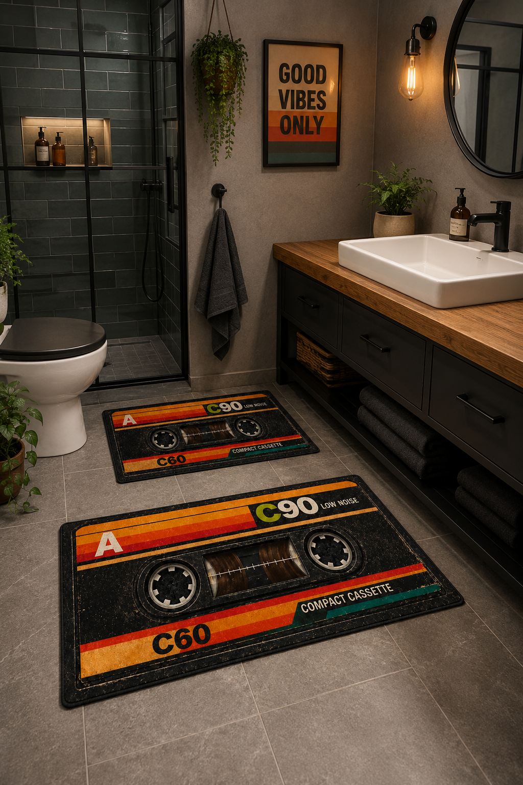 Retro Kaset Desenli Yıkanabilir Kaymaz Taban 2li Banyo Paspas Seti Banyo Halısı 50x60-60x100