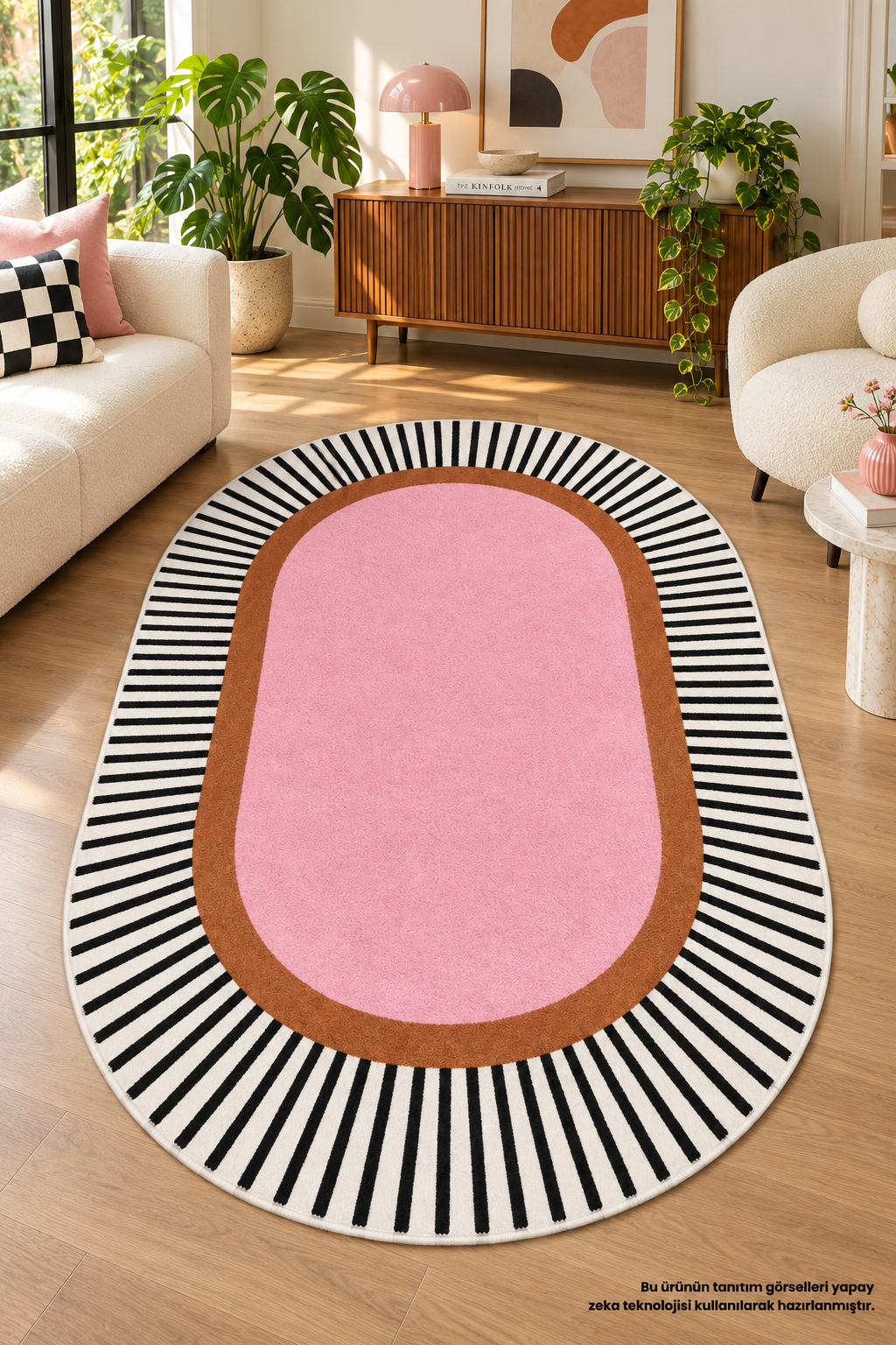 Modern Siyah Beyaz Çizgili Pembe Dekoratif Oval Halı Yıkanabilir Kaymaz Taban Baskılı Halı