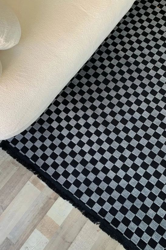 Akça Dama Desenli Yıkanabilir Dokuma Kaymaz Taban Halı Yolluk Kilim Antrasit