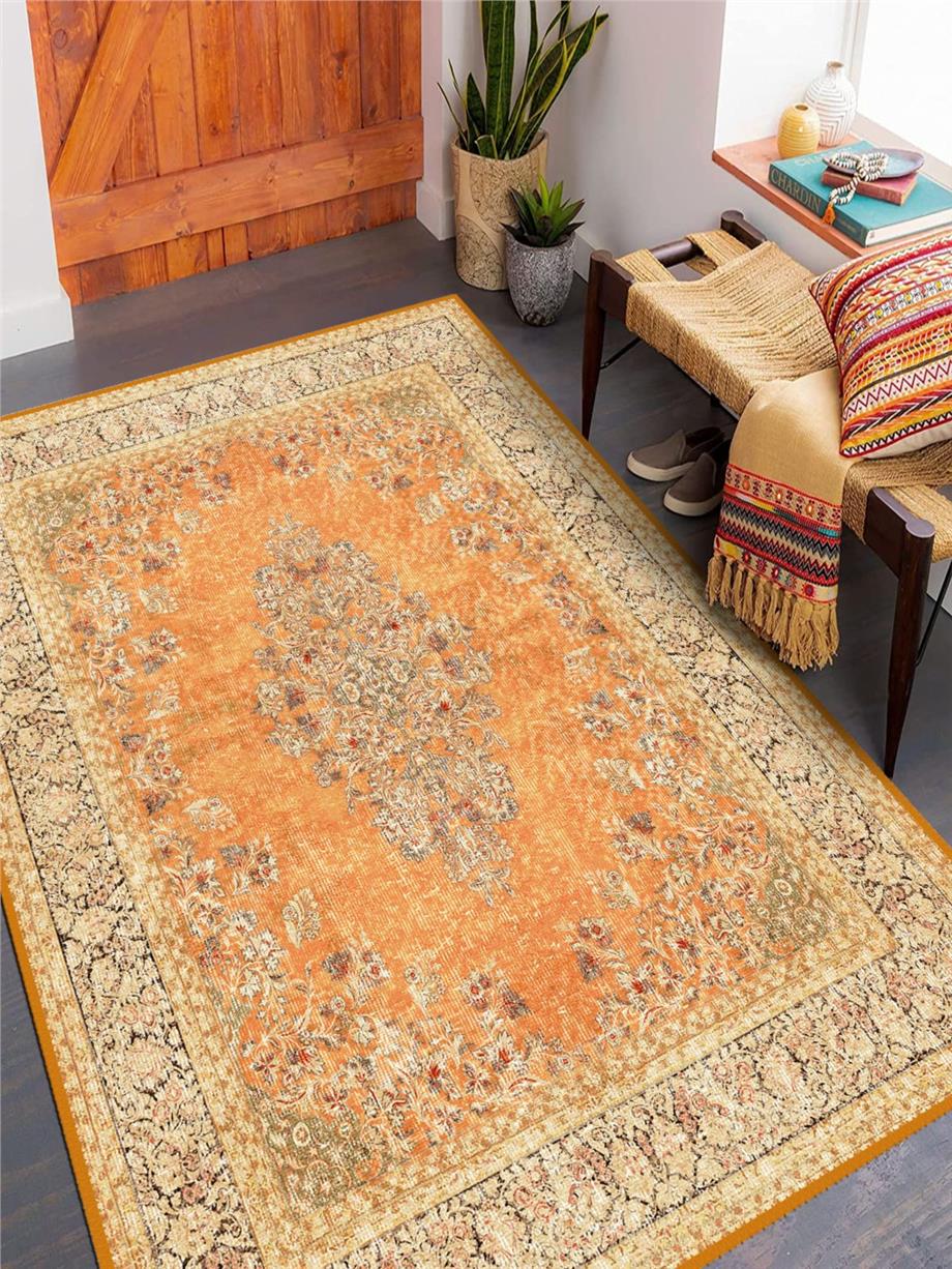 Liyora Vintage Desen Turuncu Kaymaz Taban Yıkanabilir Salon - Oturma Odası Halısı , Yolluk