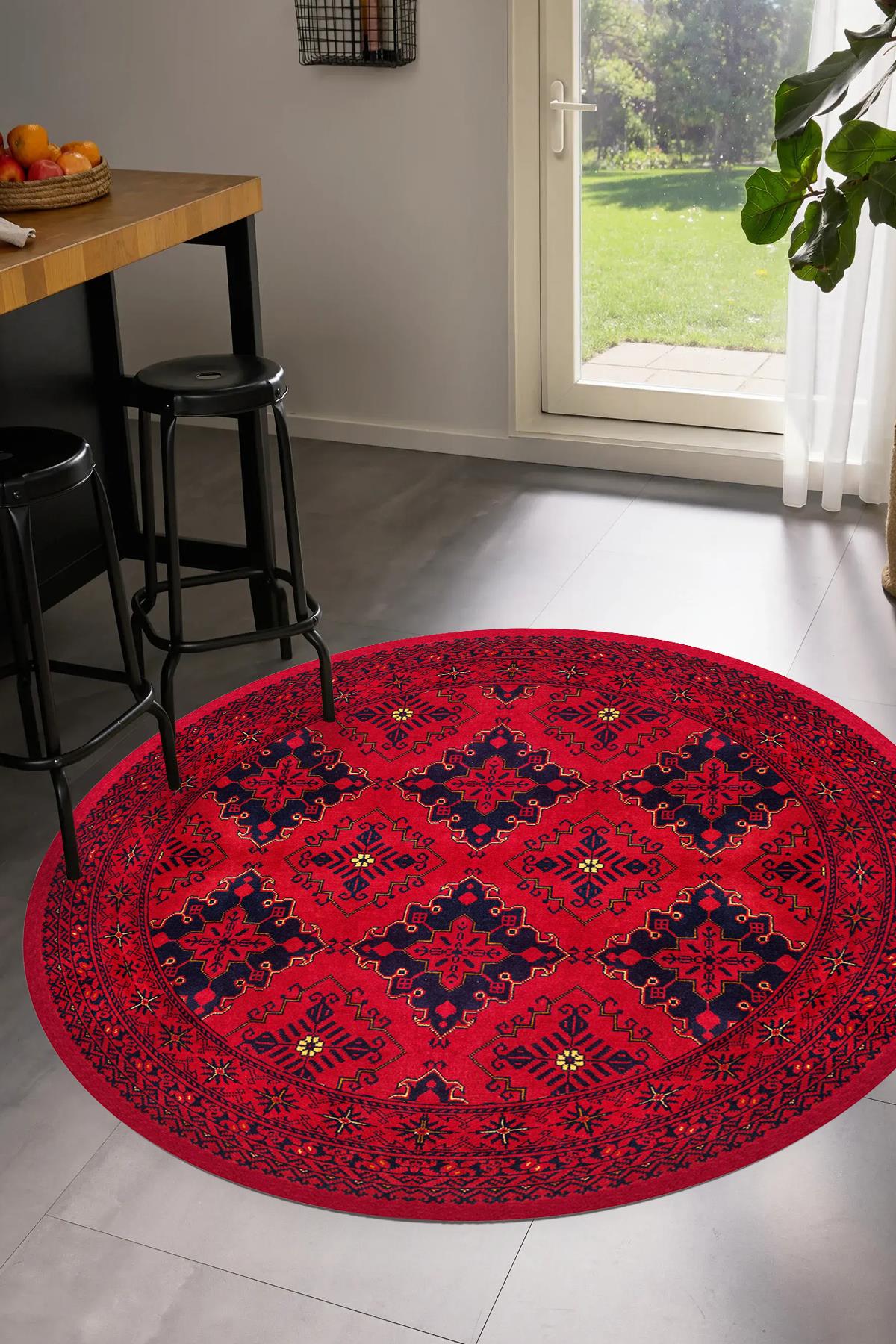 Bordo Klexor Afgan Desen Yuvarlak Dokuma Taban Salon Oturma Odası Antre Halısı