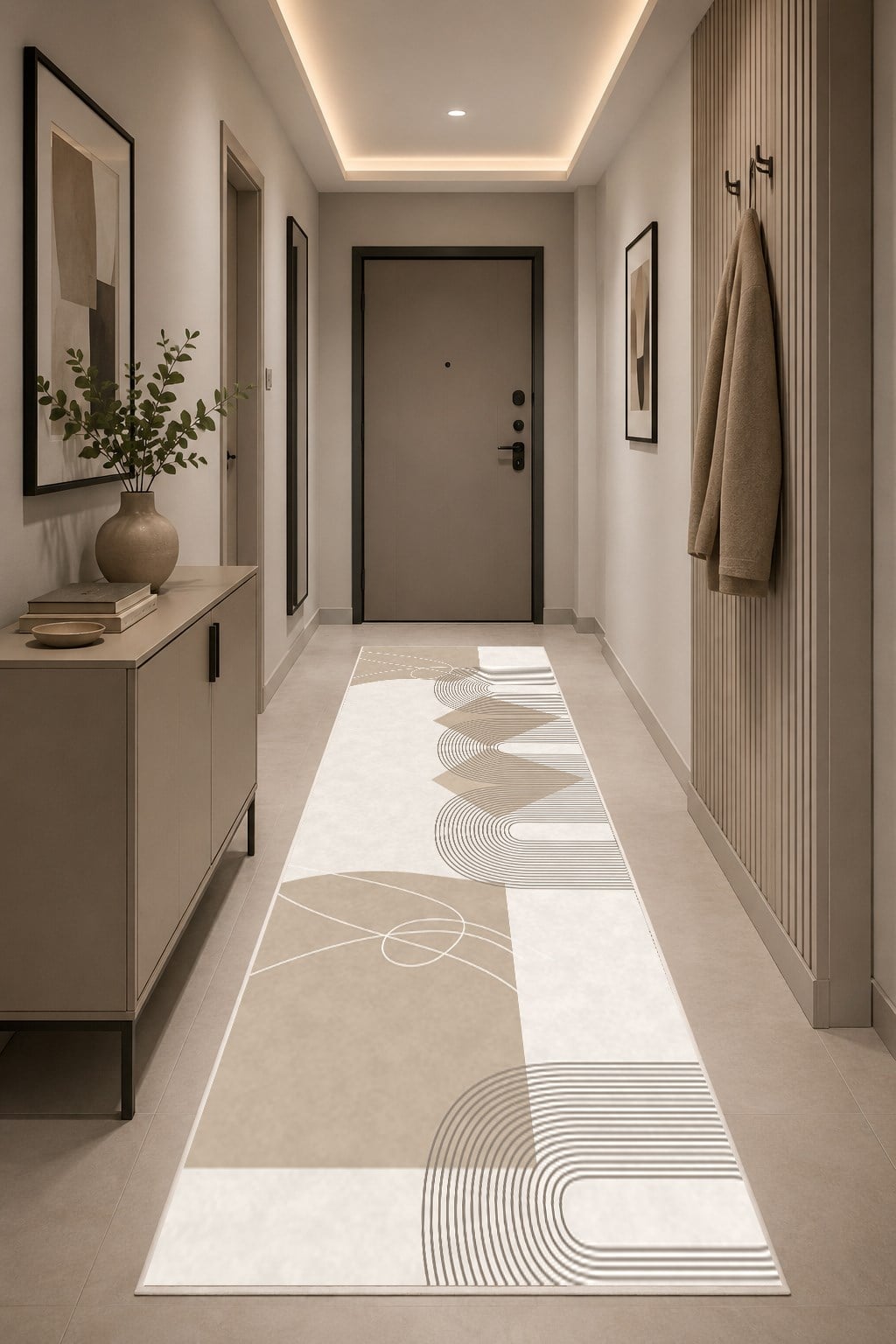 Bej Geometrik Desenli Baskılı Kaymaz Yıkanabilir Balkon Salon Oturma Odası Teras Halısı Yolluk