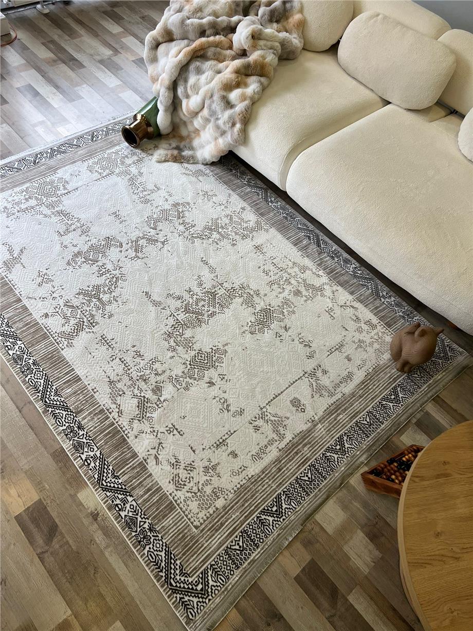 Bej Saten Bambu Modern Salon Halısı Kesme Yolluk Halı Yumuşak Doku Kaymaz Tozumaz Dokuma Makine Halısı SEFİR 103