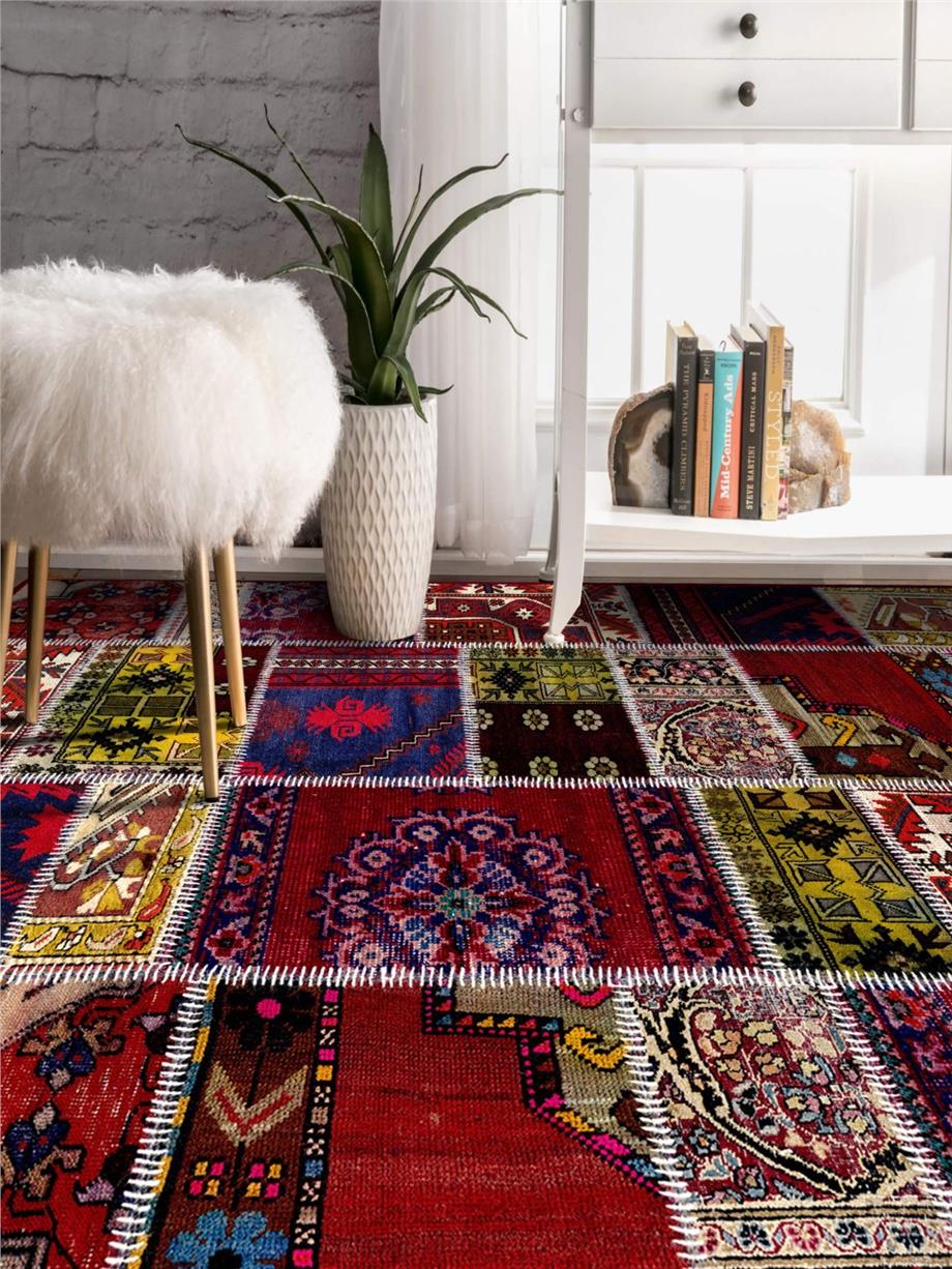 Patchwork Desenli Bordo Yıkanabilir Salon - Oturma Odası Halısı Yolluk Halı