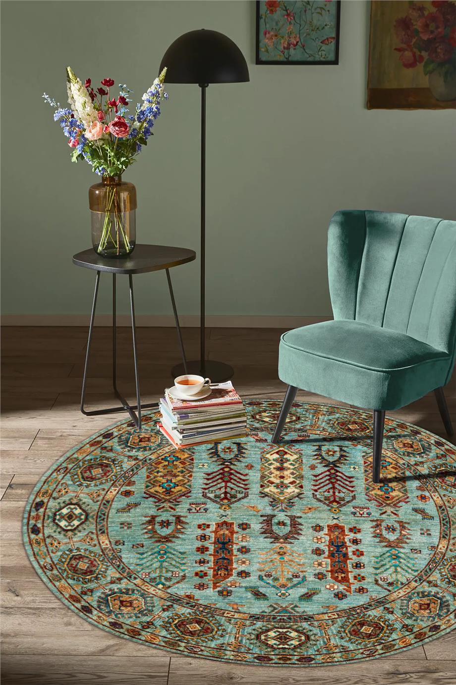 Vintora Yuvarlak Vintage Desen Dokuma Taban Salon Oturma Odası Antre Halısı
