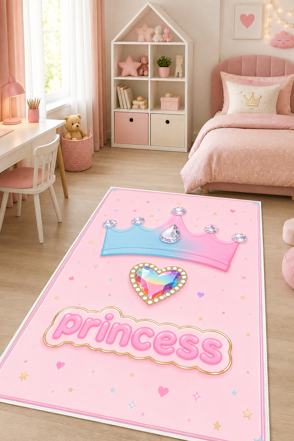 Taç Desen Princess Yazılı Pembe Baskılı Yıkanabilir Kaymaz Taban Kız Çocuk Halısı
