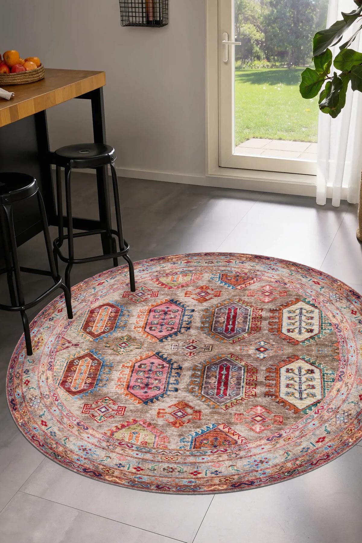 Roneo Vintage Kilim Desen Yuvarlak Dokuma Taban Salon Oturma Odası Antre Halısı