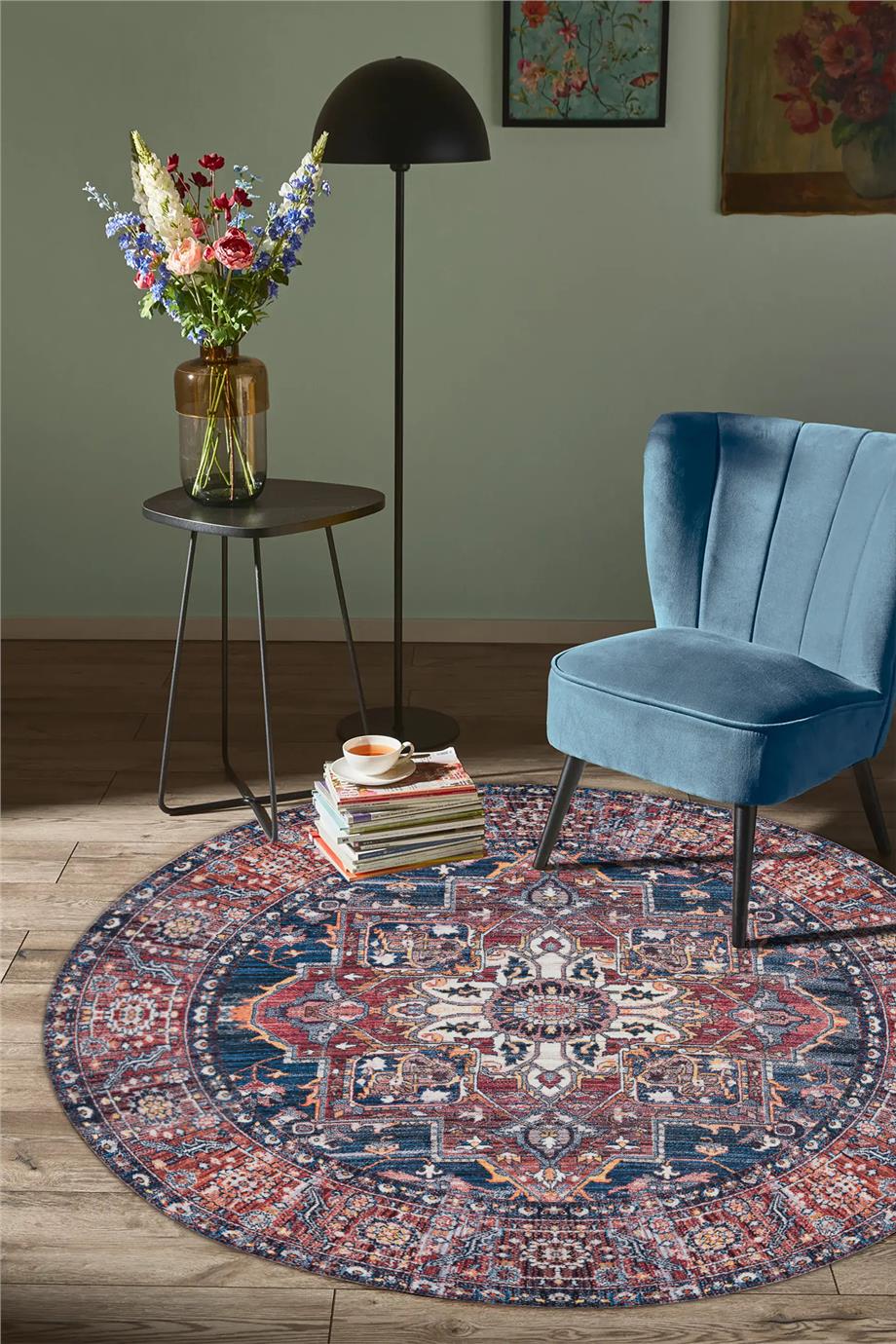 Narva Yuvarlak Vintage Kilim Desen Dokuma Taban Salon Oturma Odası Antre Halısı