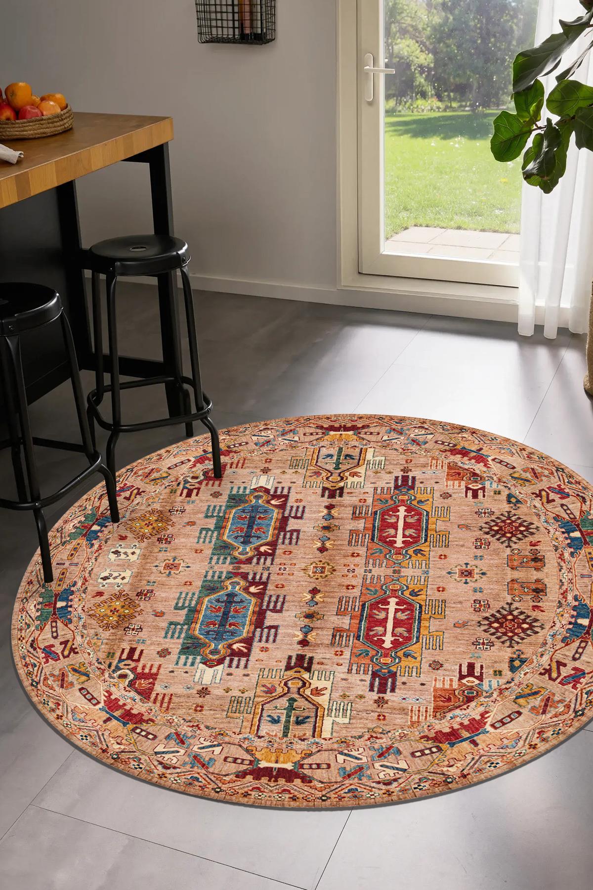 Moldelo Bej Eskitme Vintage Desen Yuvarlak Dokuma Taban Salon Oturma Odası Antre Halısı