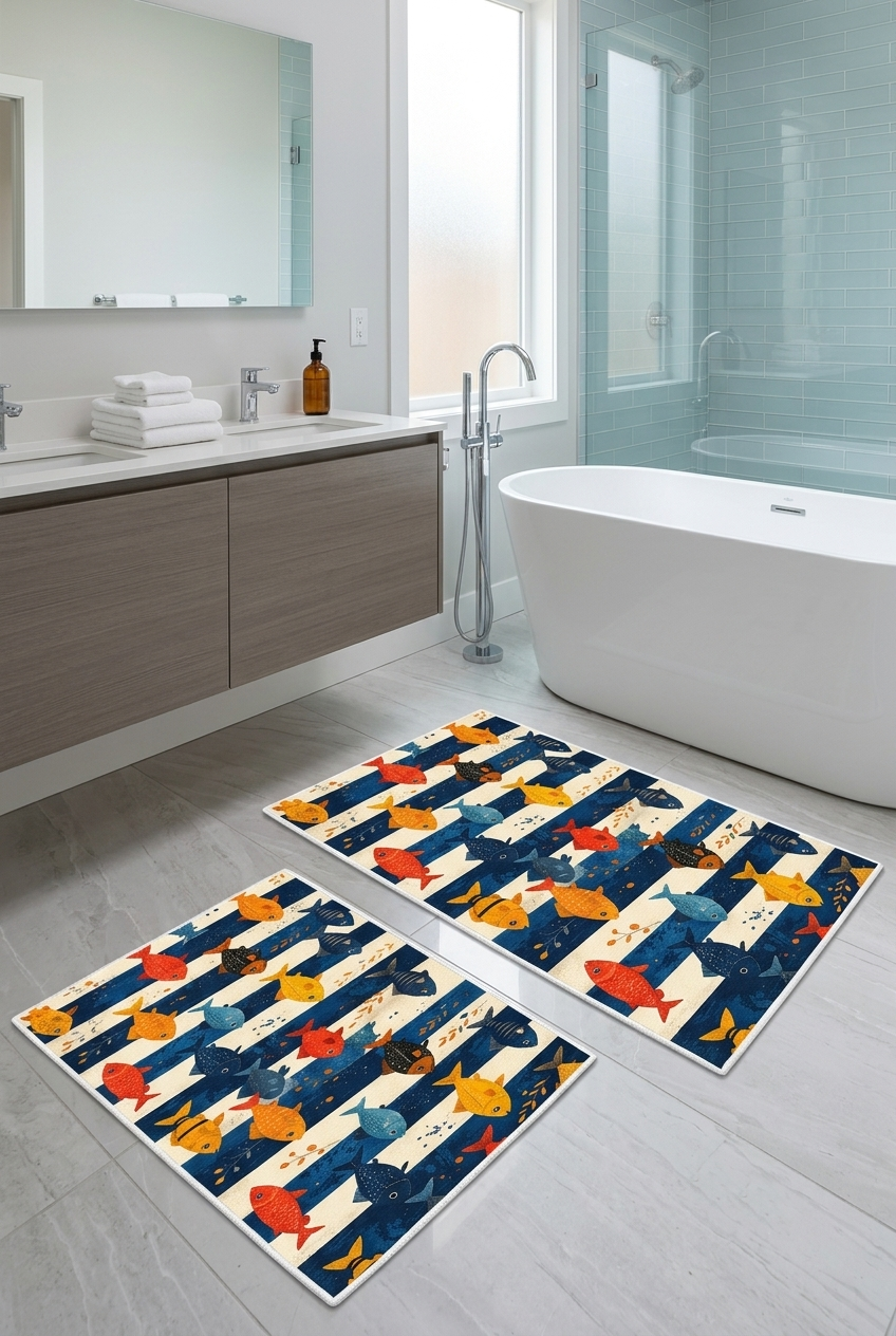 Renkli Balık Desen Yıkanabilir Kaymaz Taban 2li Banyo Paspas Seti Banyo Halısı 50x60-60x100