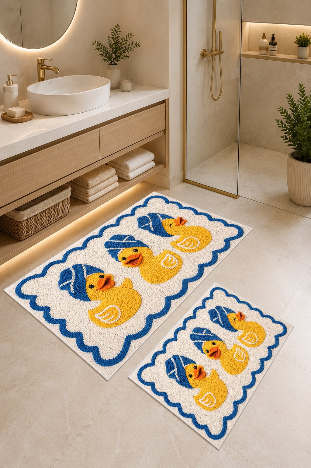 Mavi Ördek Desen Yıkanabilir Kaymaz Taban 2li Banyo Paspas Seti Banyo Halısı 50x60-60x100
