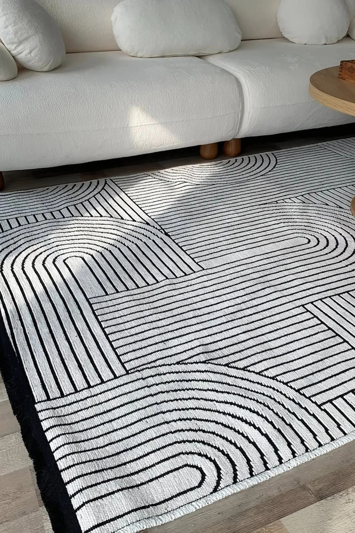 Akça Modern Tasarım Yıkanabilir Dokuma Kaymaz Taban Halı Yolluk Kilim Beyaz