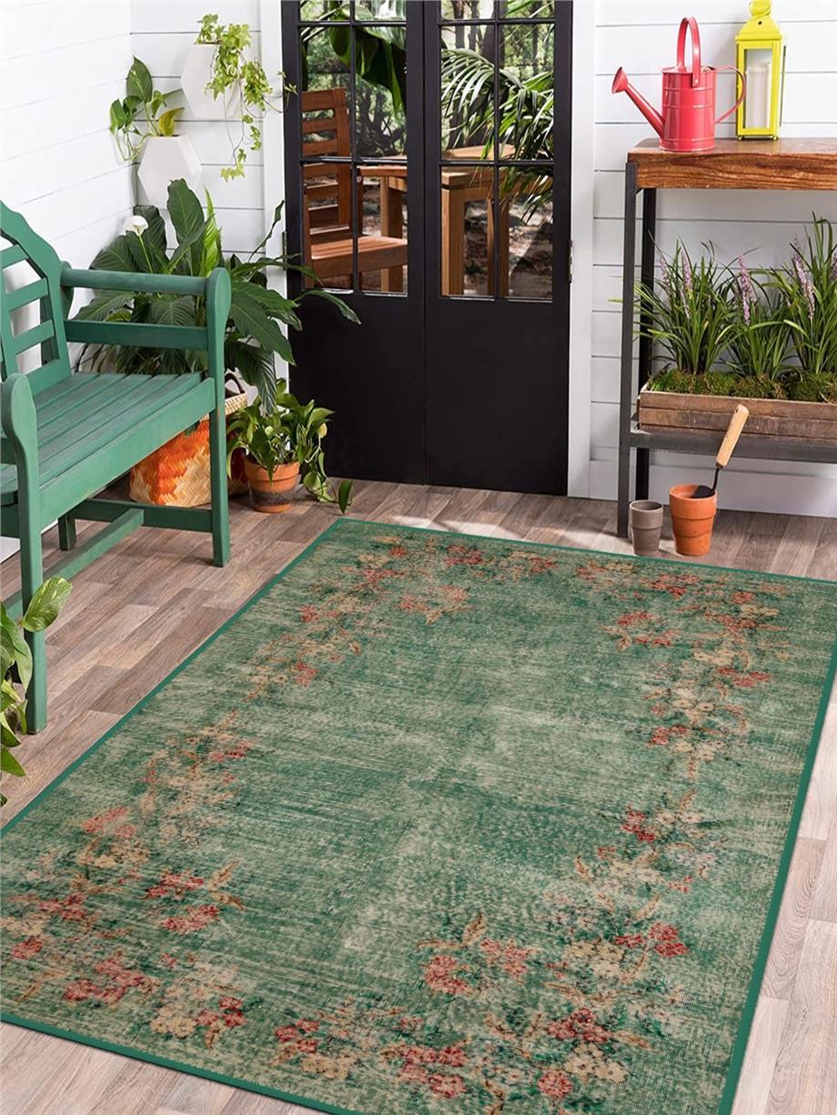 Vintage Desenli Yeşil Salon - Oturma Odası Halısı Yolluk Halı