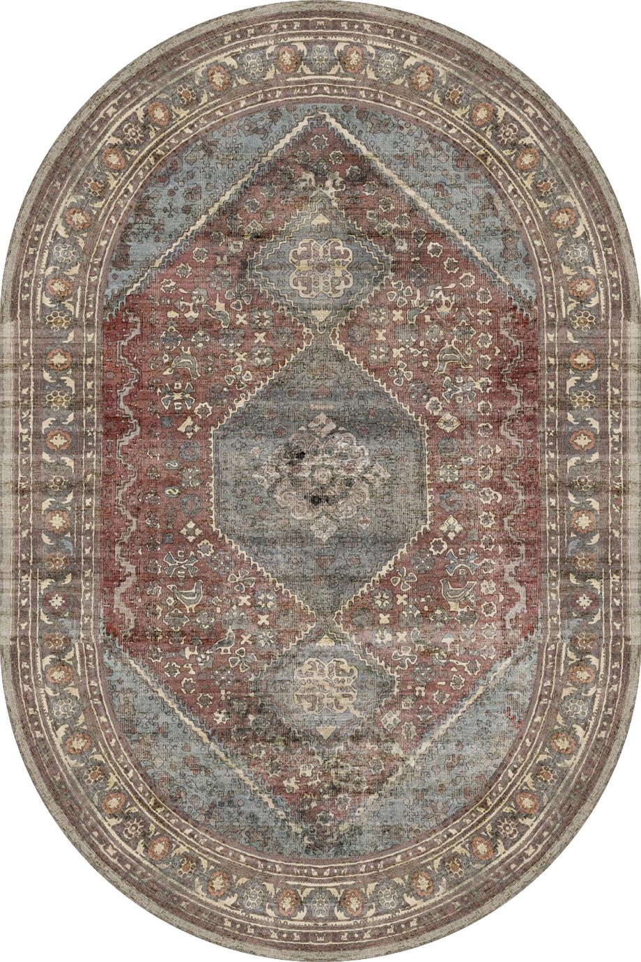 Eskitme Desen Dokuma Taban Yıkanabilir Oval Halı Salon Oturma Odası Hol Antre Halısı