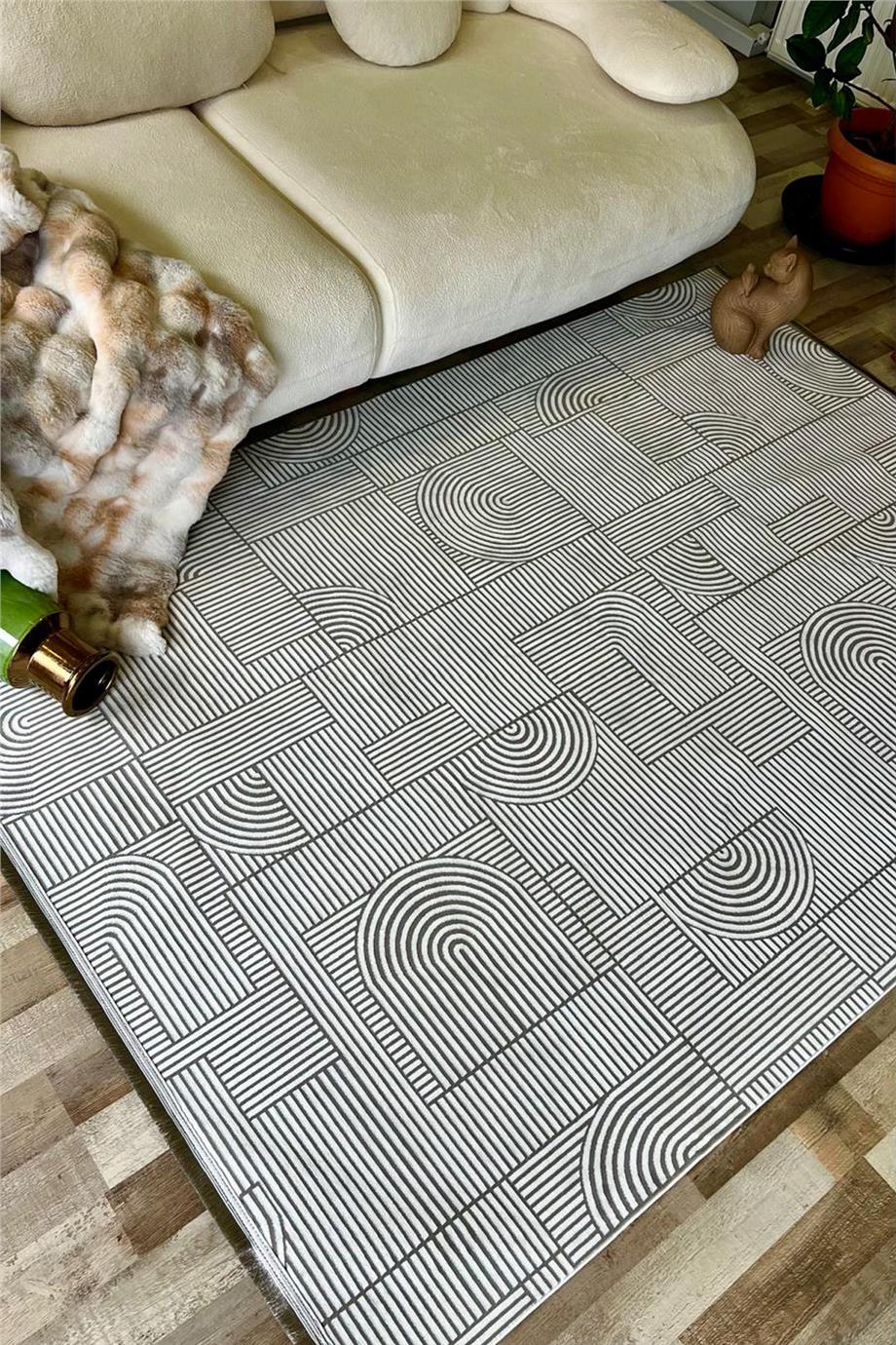 Gri Saten Bambu Modern Salon Halısı Kesme Yolluk Halı Yumuşak Doku Kaymaz Tozumaz Dokuma Makine Halısı SEFİR 206