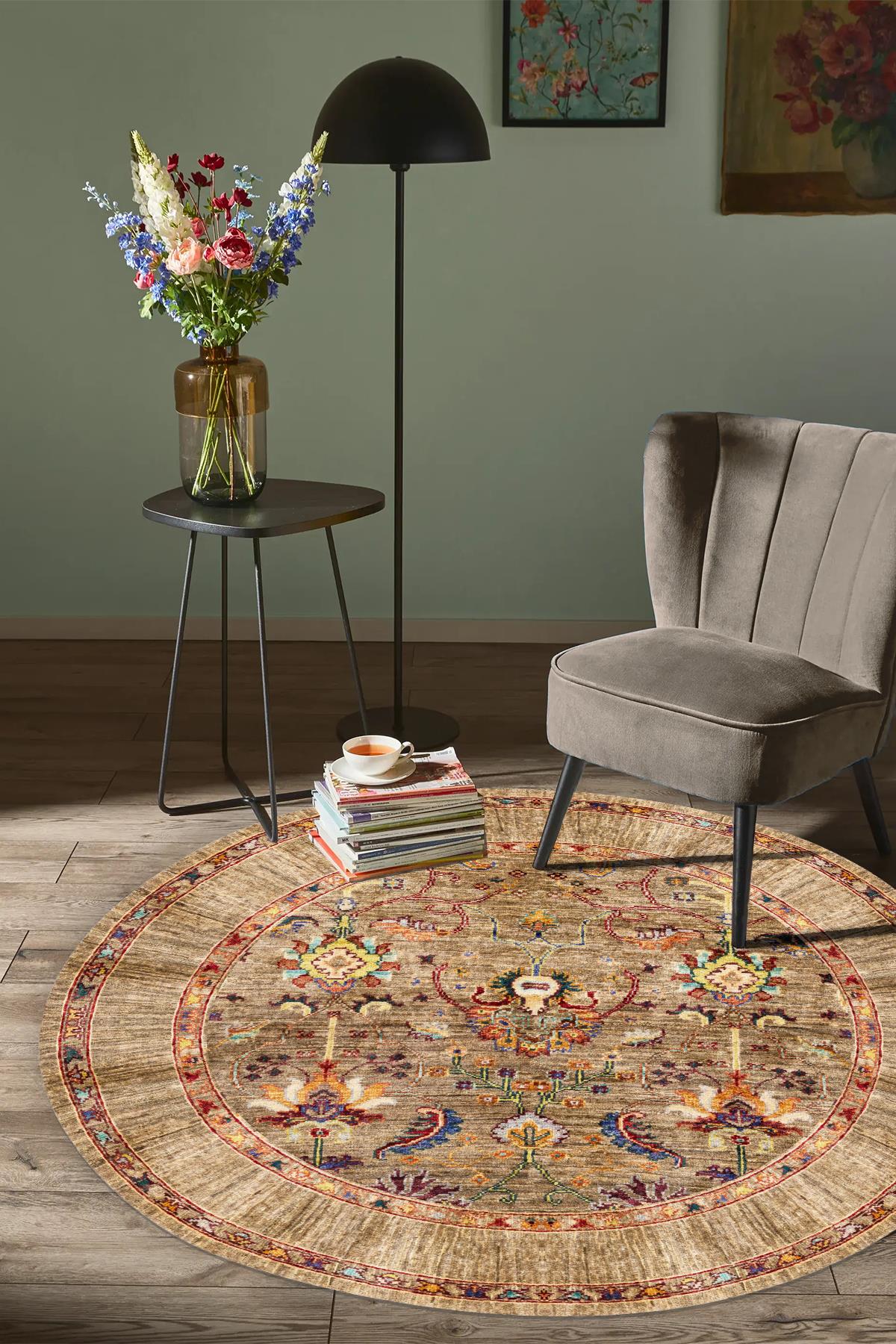 Jelontor Afgan Desen Yuvarlak Dokuma Taban Salon Oturma Odası Antre Halısı