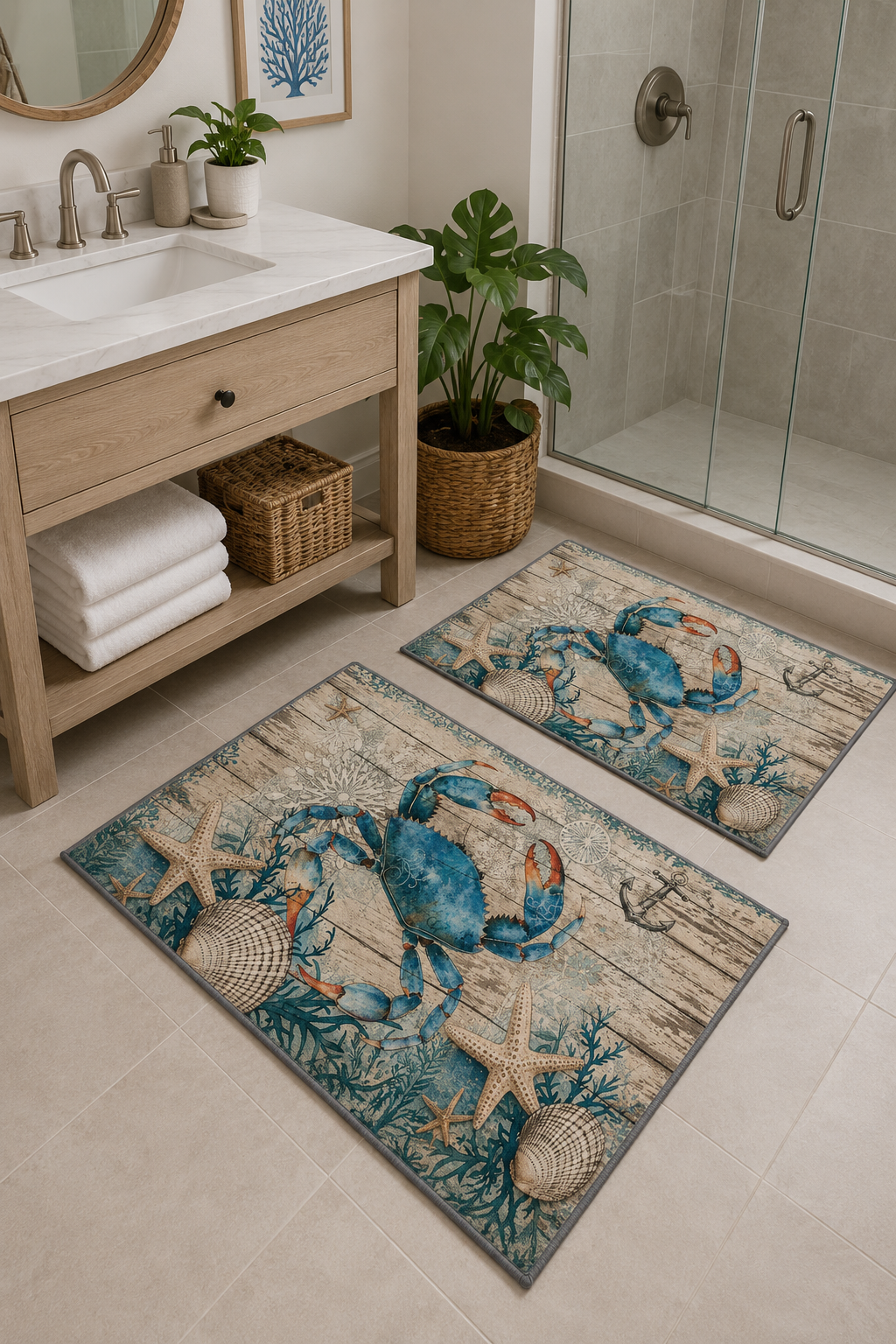 Yengeç Desenli Mavi Yıkanabilir Kaymaz Taban 2li Banyo Paspas Seti Banyo Halısı 50x60-60x100