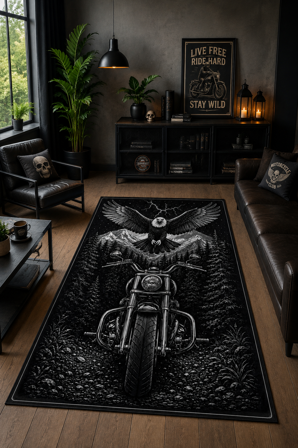 Motosiklet ve Kartal Desenli Baskılı Kaymaz Yıkanabilir Salon Oturma Odası Genç Odası Halısı Yolluk