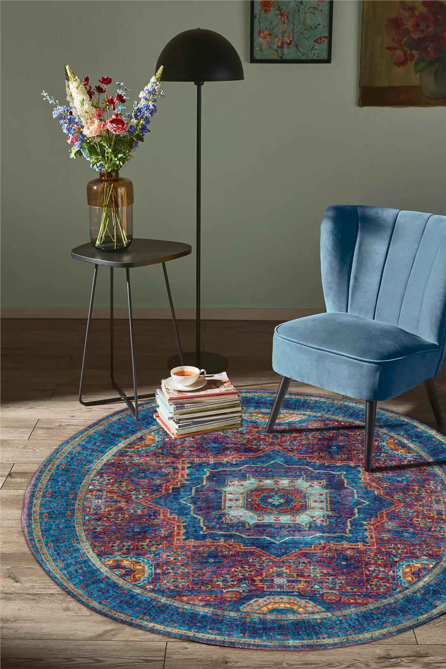 Wistal Afgan Desen Dokuma Yıkanabilir Yuvarlak Salon Oturma Odası Antre Halısı