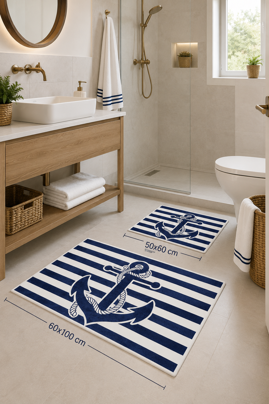 Marine Temalı Çapa Desenli Lacivert Yıkanabilir Kaymaz Banyo Paspas Seti 50x60-60x100