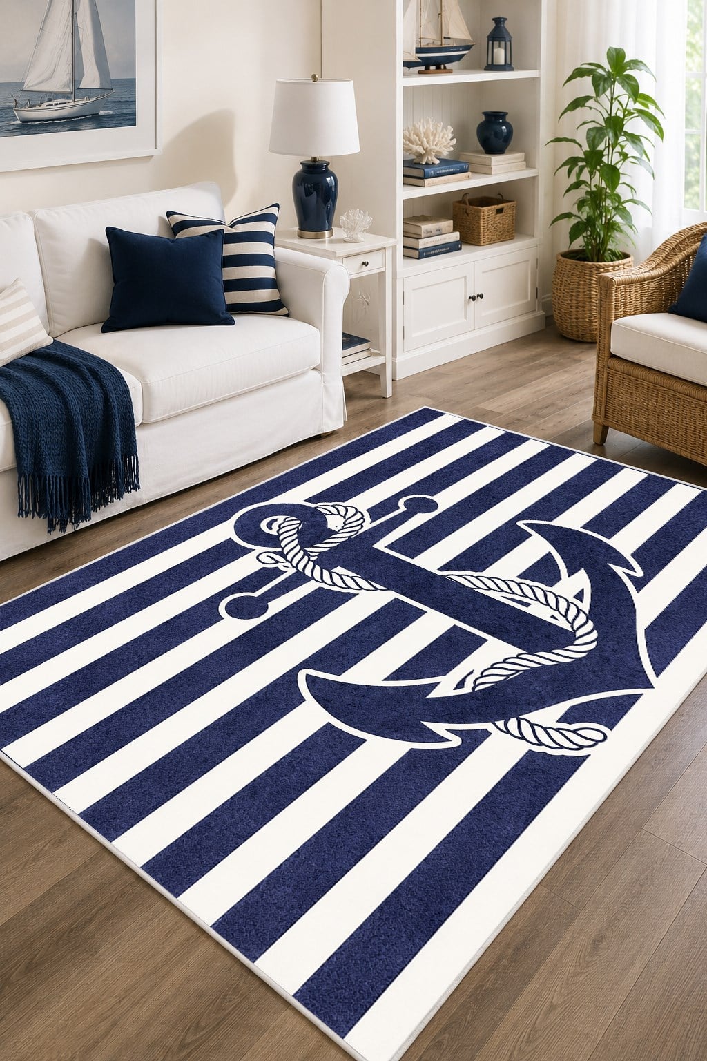 Marine Temalı Çapa Desenli Baskılı Kaymaz Yıkanabilir Balkon Salon Oturma Odası Halısı Yolluk
