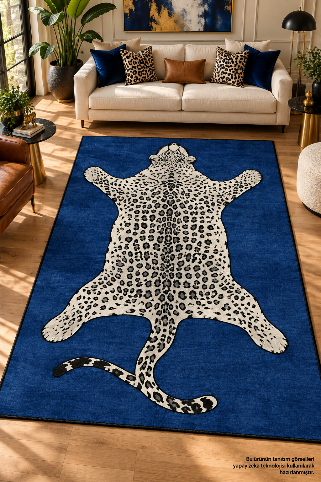 Leopar Desenli Lacivert Baskılı Dekoratif Yıkanabilir Halı Salon Oturma Odası Antre Halısı Yolluk Kesme Halı