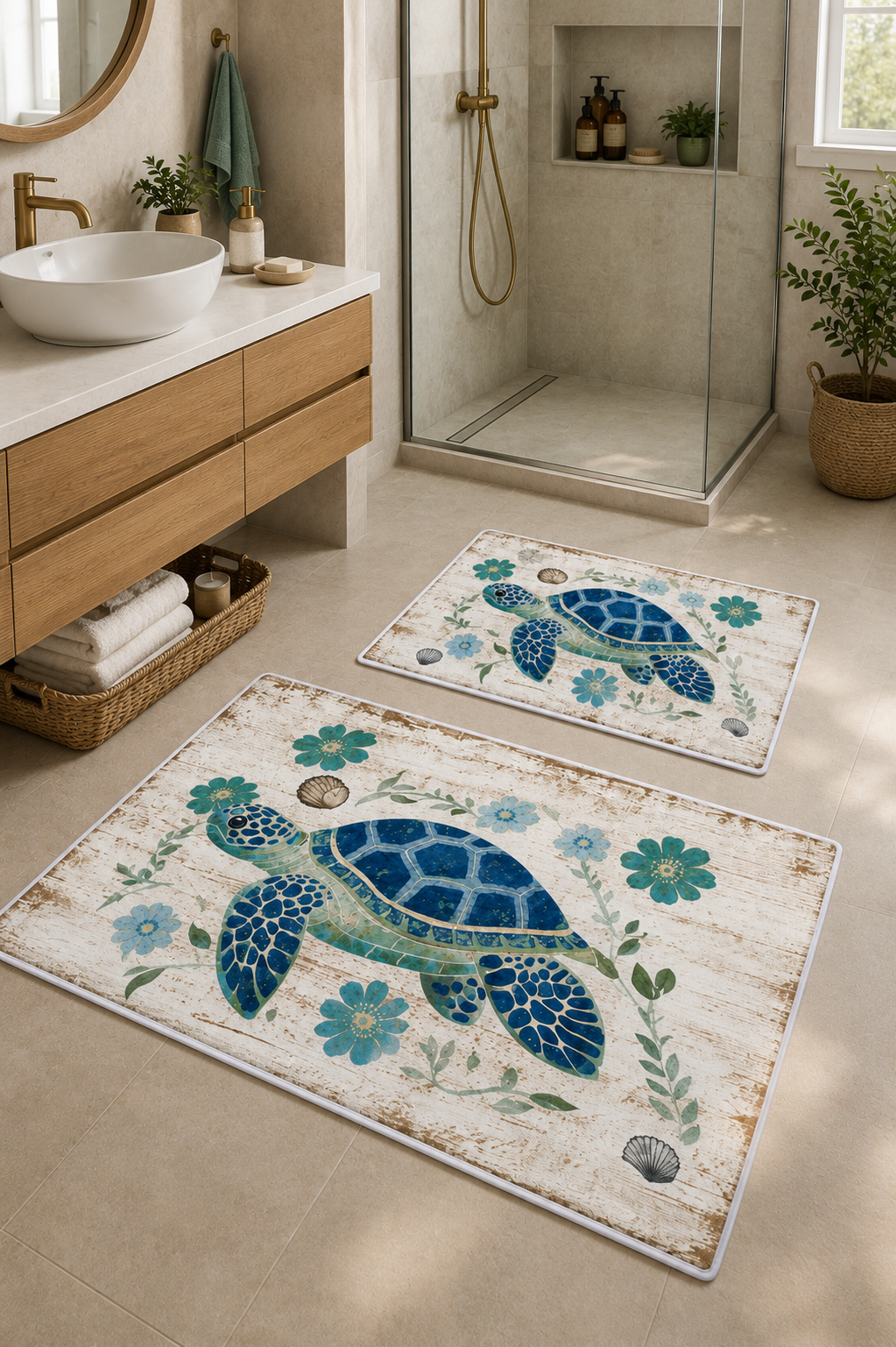 Vintage Deniz Kaplumbağası Desenli Yıkanabilir Kaymaz Banyo Paspas Seti 50x60-60x100