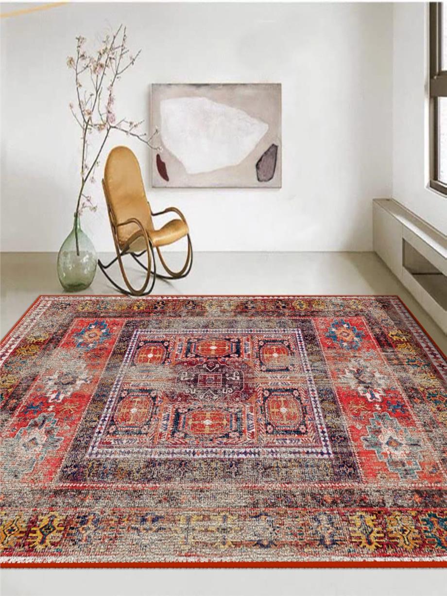 Etnik Desenli Kırmızı Vintage Eskitme  Yıkanabilir Salon - Oturma Odası Halısı