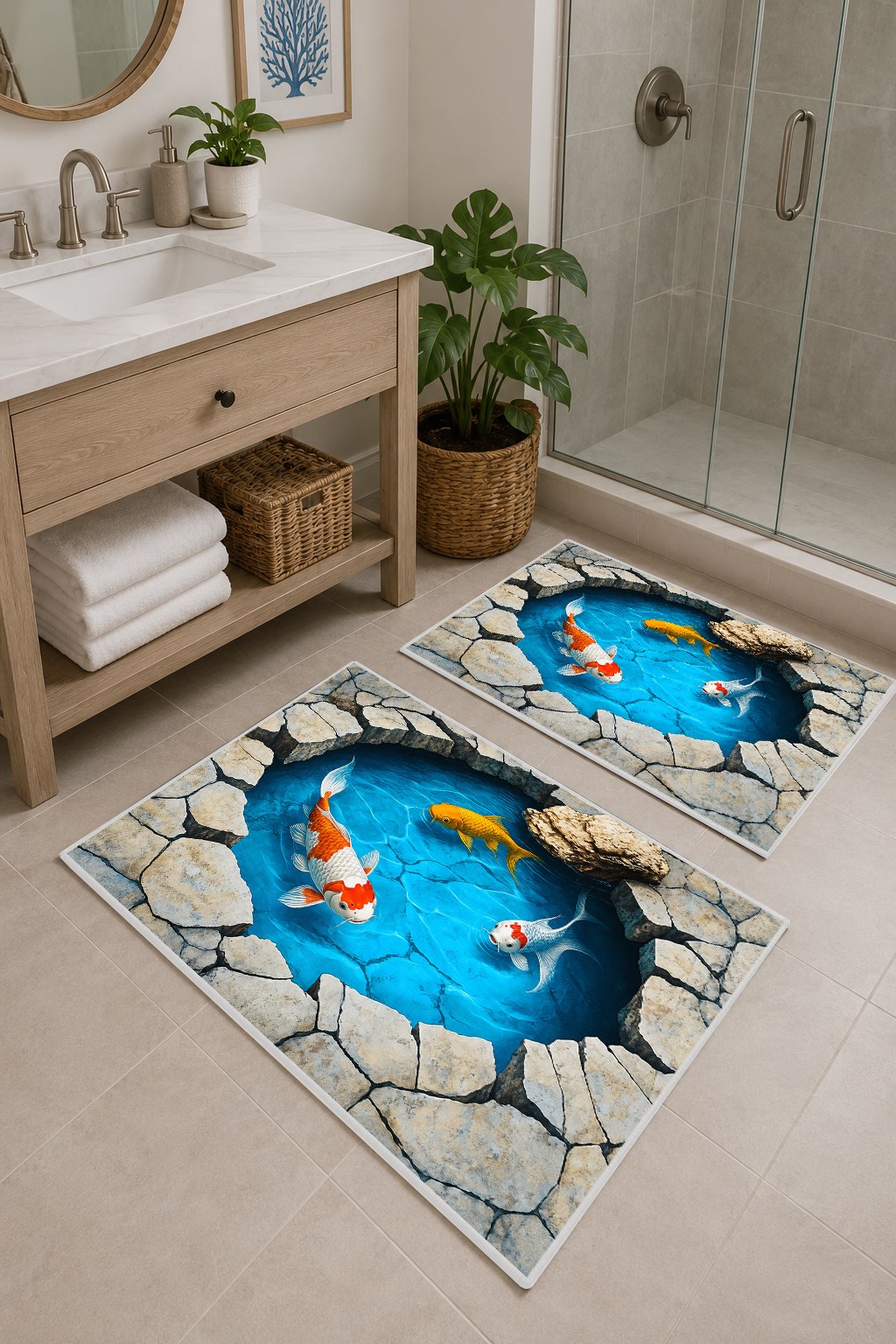 Balık Desenli Yıkanabilir Kaymaz Taban 2li Banyo Paspas Seti Banyo Halısı 50x60-60x100