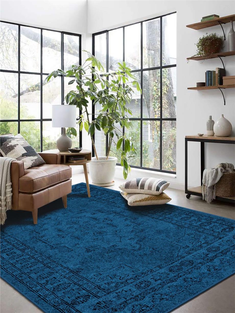 Vintage Desenli Mavi Yıkanabilir Salon - Oturma Odası Halısı Yolluk Halı