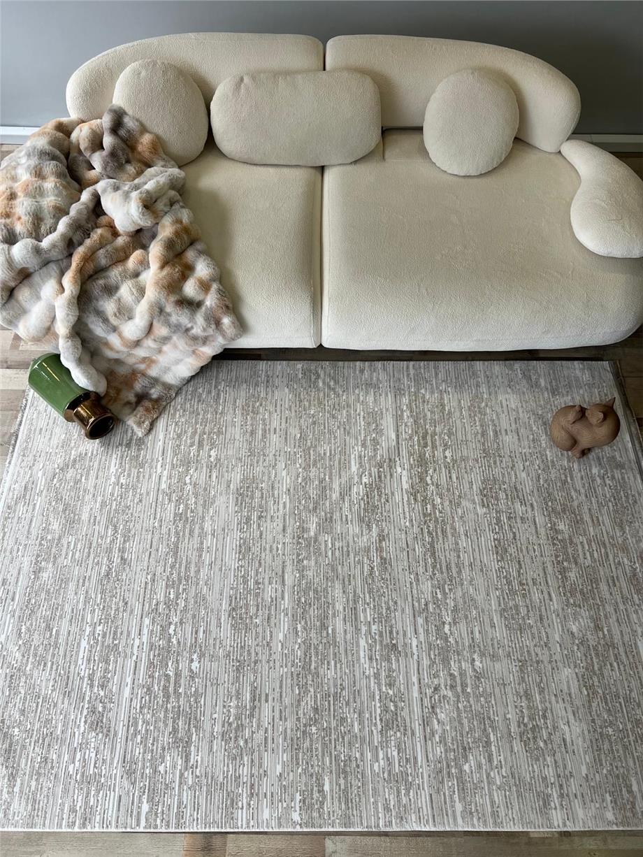 Bej Saten Bambu Modern Salon Halısı Kesme Yolluk Halı Yumuşak Doku Kaymaz Tozumaz Dokuma Makine Halısı SEFİR 205