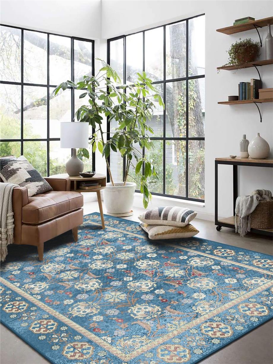 Vintage Desen Mavi Yıkanabilir Salon - Oturma Odası Halısı Yolluk Halı