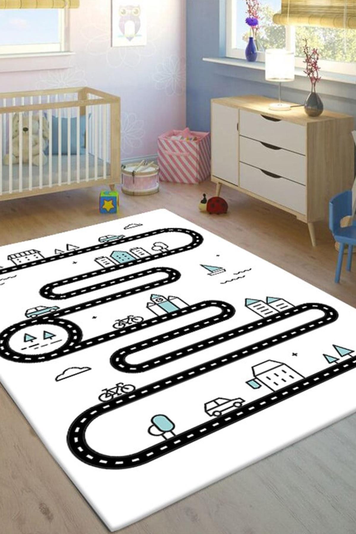 Beyaz Yol Baskılı Kaymaz Tabanlı Makinede Yıkanabilir Çocuk Halısı