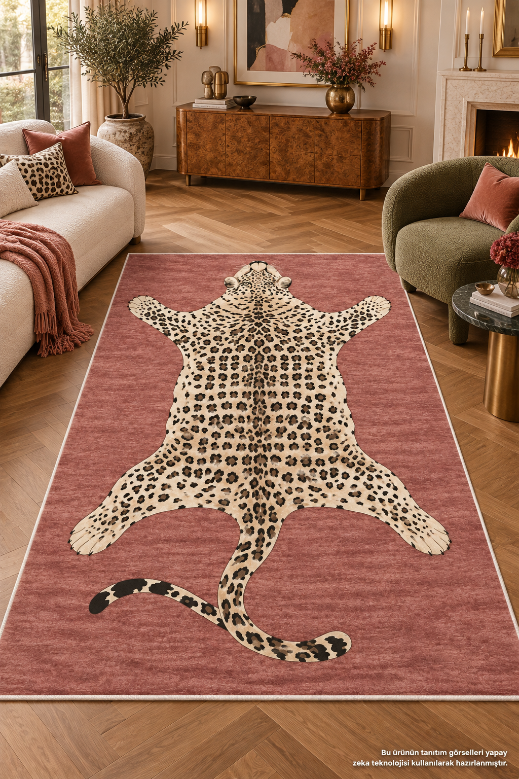 Leopar Desenli Pudra Baskılı Dekoratif Yıkanabilir Halı Salon Oturma Odası Antre Halısı Yolluk Kesme Halı