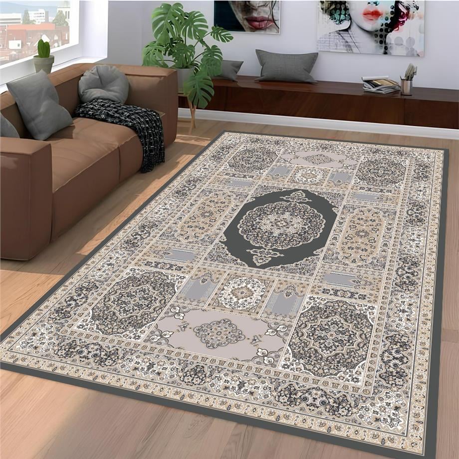 Liestan Klasik Gri Desen Dokuma Taban Yıkanabilir Halı Salon Oturma Odası Hol Antre Halısı Yolluk