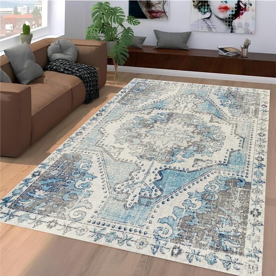 Mavi Klasik Eskitme Desen Dokuma Taban Yıkanabilir Halı Salon Oturma Odası Hol Antre Halısı Yolluk