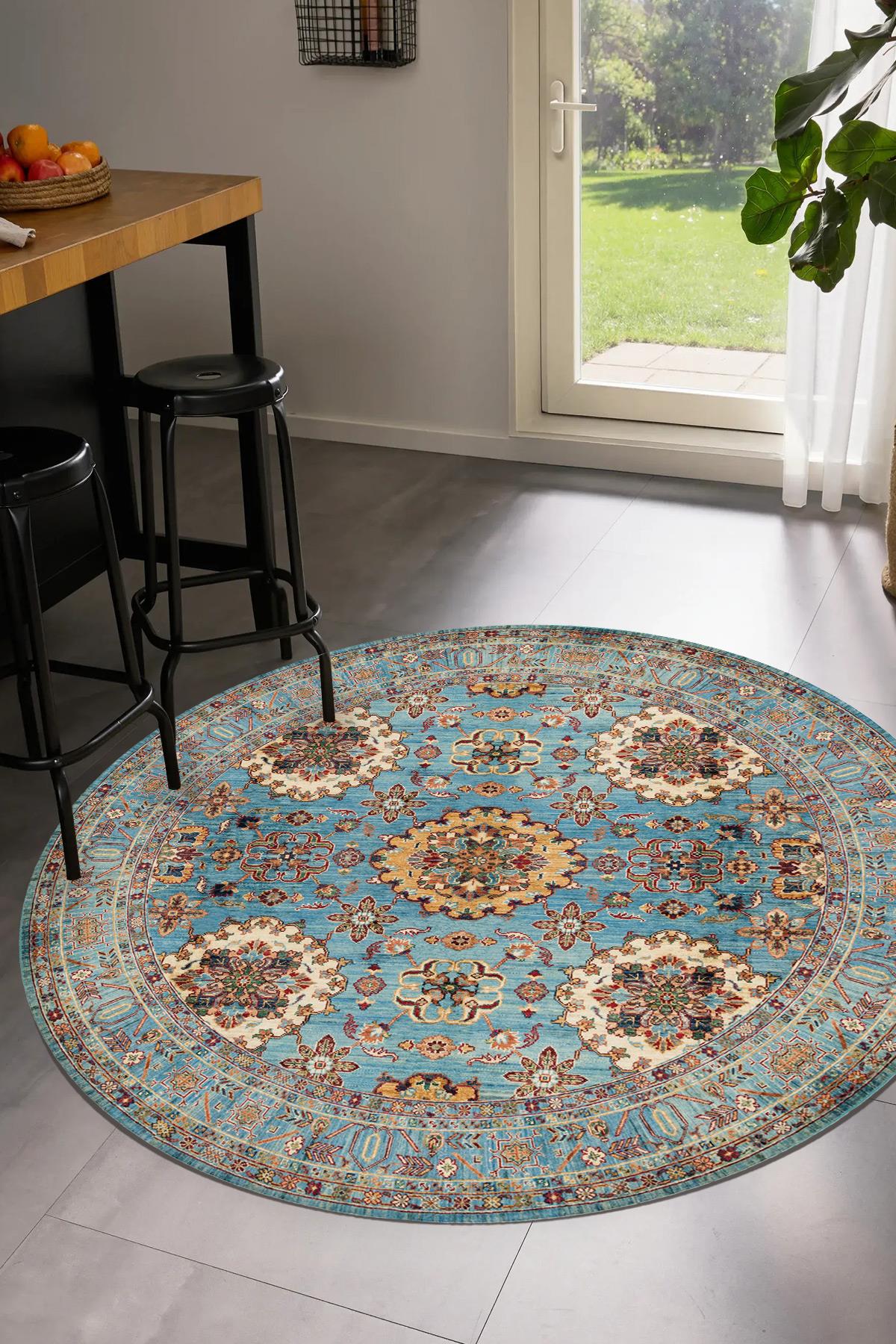 Mavi Kilim Desen Yuvarlak Dokuma Taban Salon Oturma Odası Antre Halısı