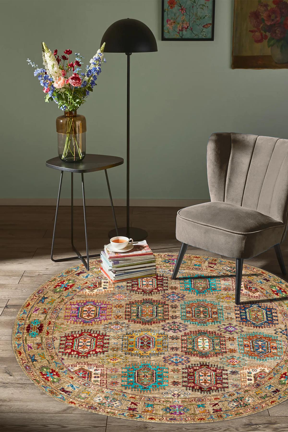 Sinter Afgan Desen Yuvarlak Dokuma Taban Salon Oturma Odası Antre Halısı