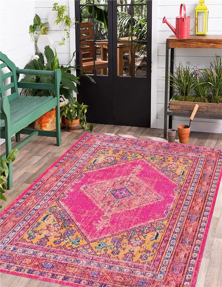 Pembe Eskitme Vintage Desen Dokuma Taban Yıkanabilir Halı Salon Oturma Odası Hol Antre Halısı Yolluk