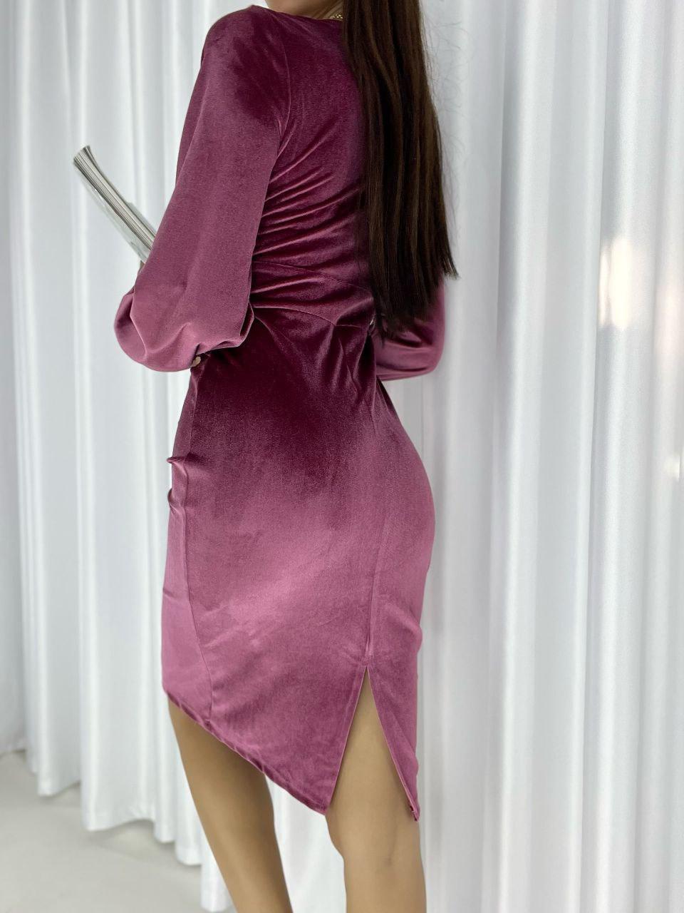  Kadife Kumaş Kruvaze Yaka Balon Kol Kalem Elbisemiz Gülkurusu