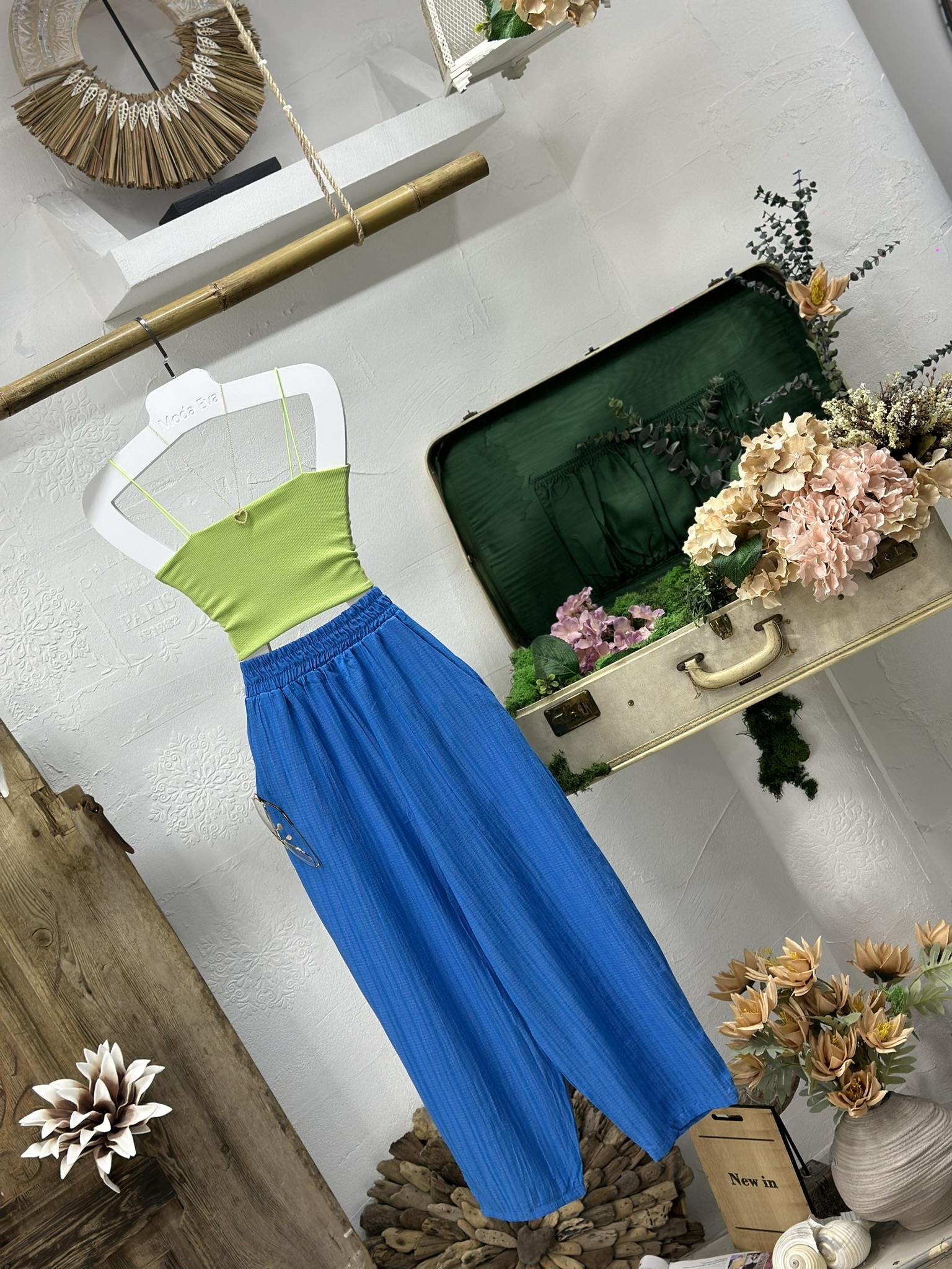 Ağaç Kabuğu Kumaş Beli Yüksek Bel Lastikli Rahat Kesim Pantolon 