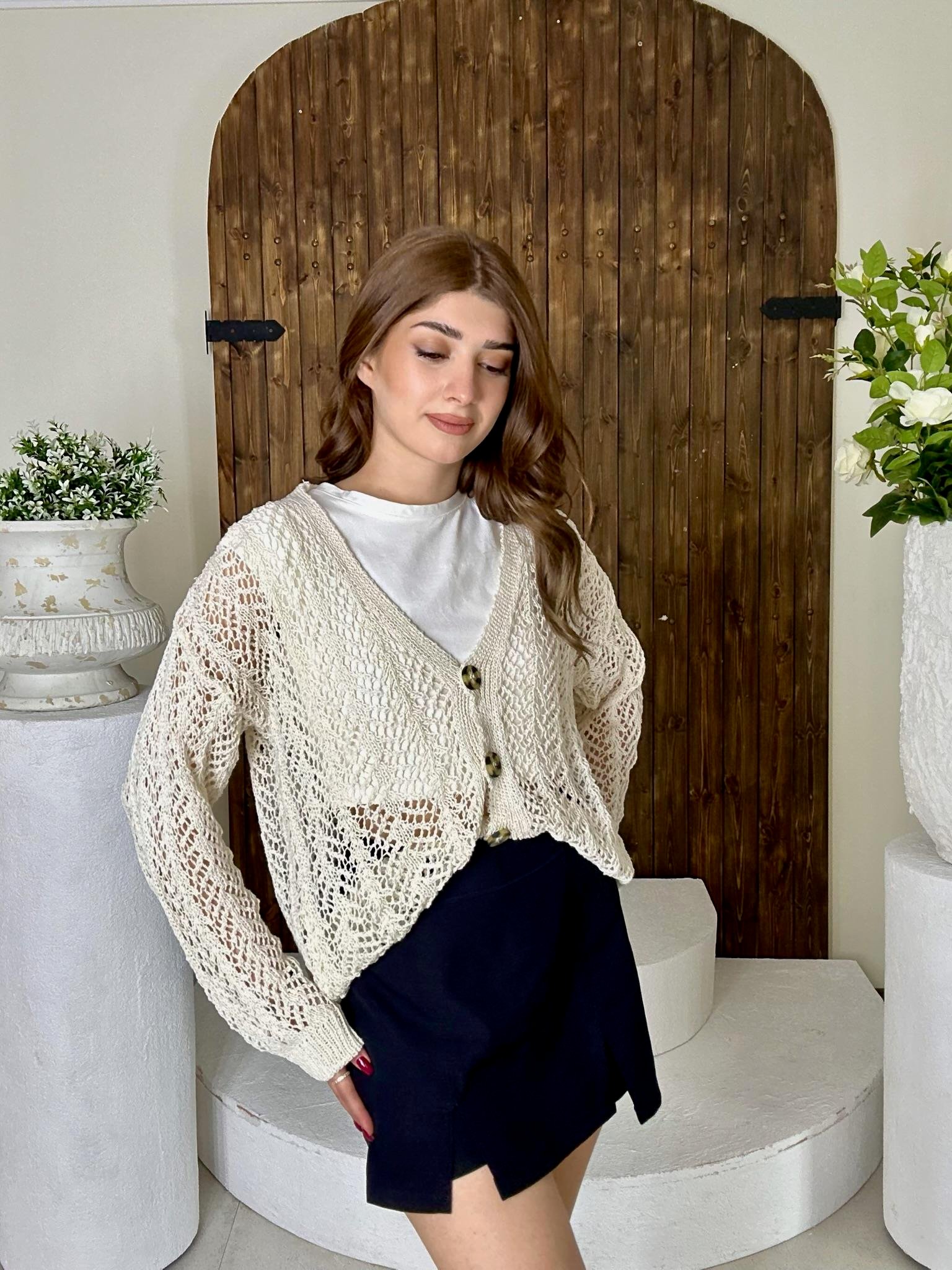 Ajur Desenli Rahat Kalıp Triko Hırka Bej