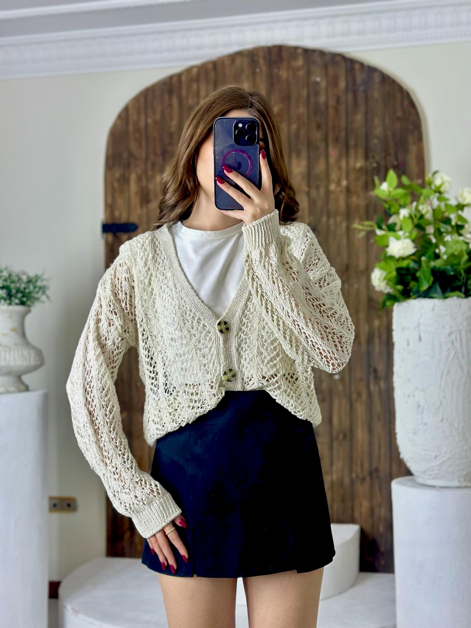 Ajur Desenli Rahat Kalıp Triko Hırka Bej