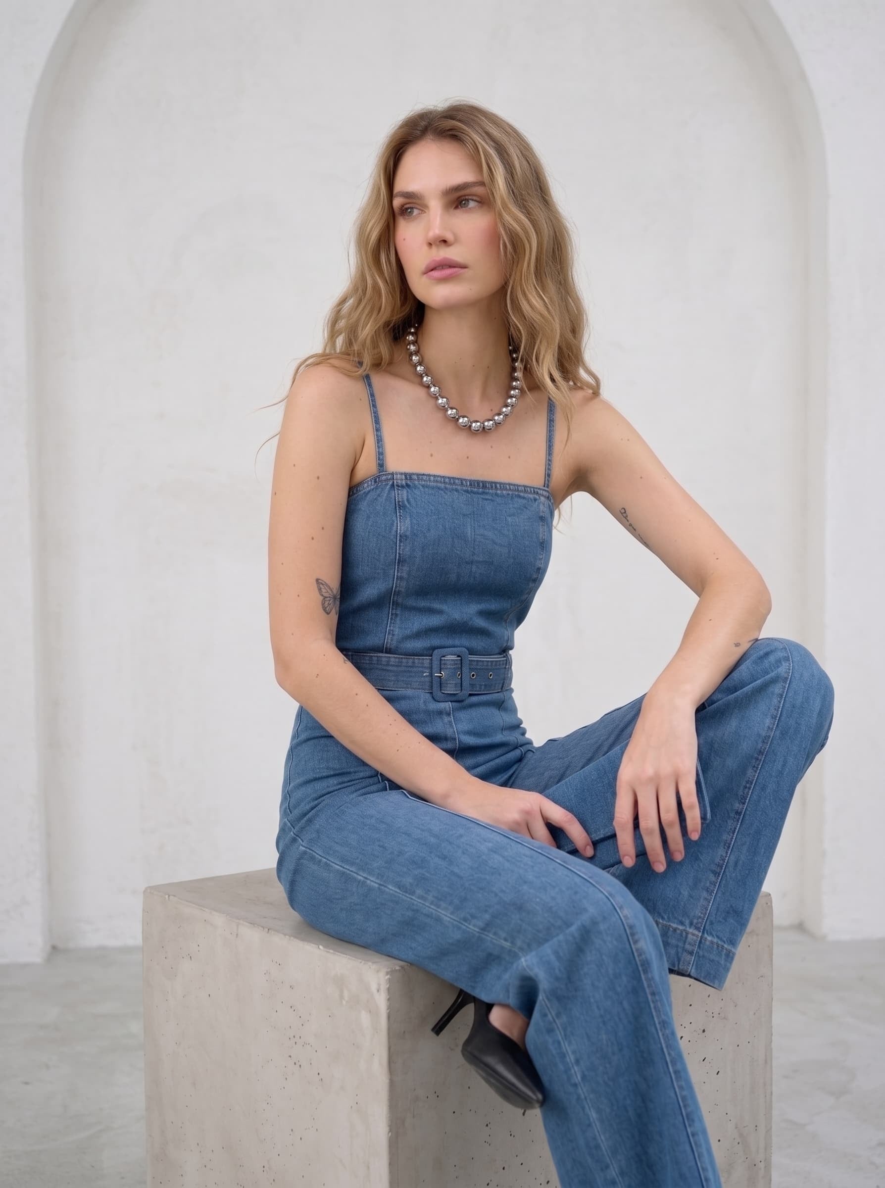 Askılı Kemerli Likralı Jean Tulum Lacivert