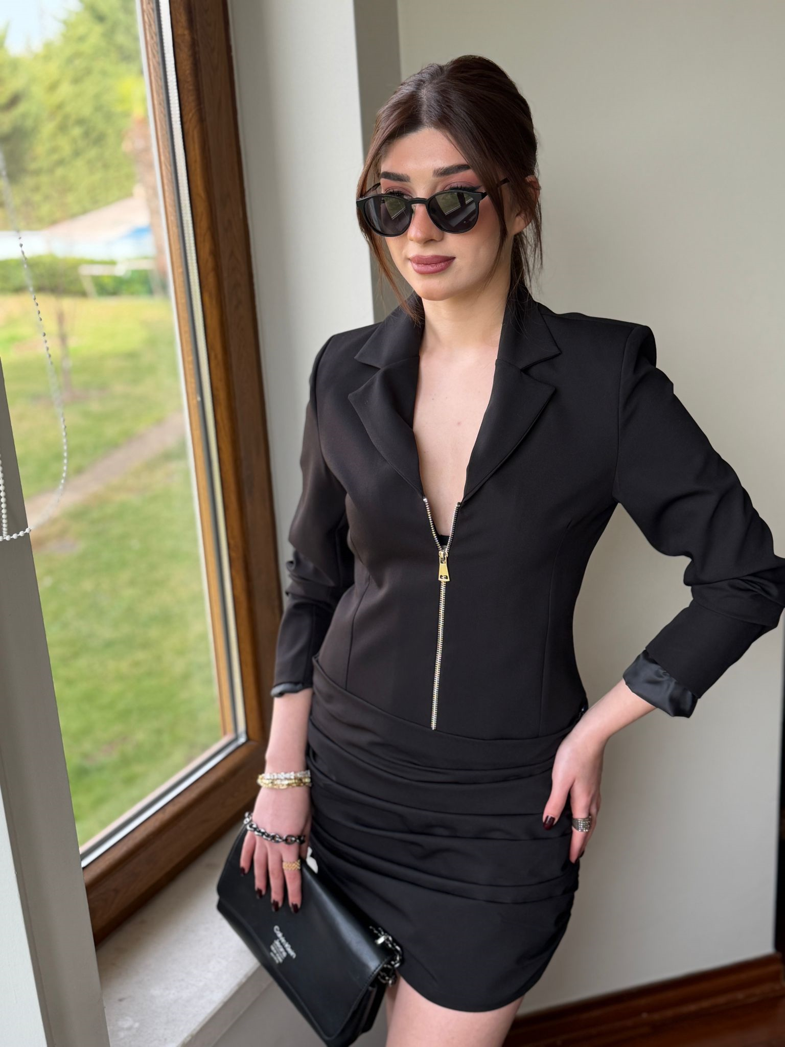 Atlas Kumaş Fermuar Detay Uzun Ceket Drapeli Etek İkili Takım 