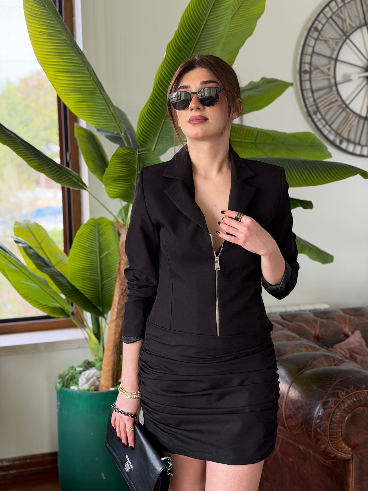 Atlas Kumaş Fermuar Detay Uzun Ceket Drapeli Etek İkili Takım 