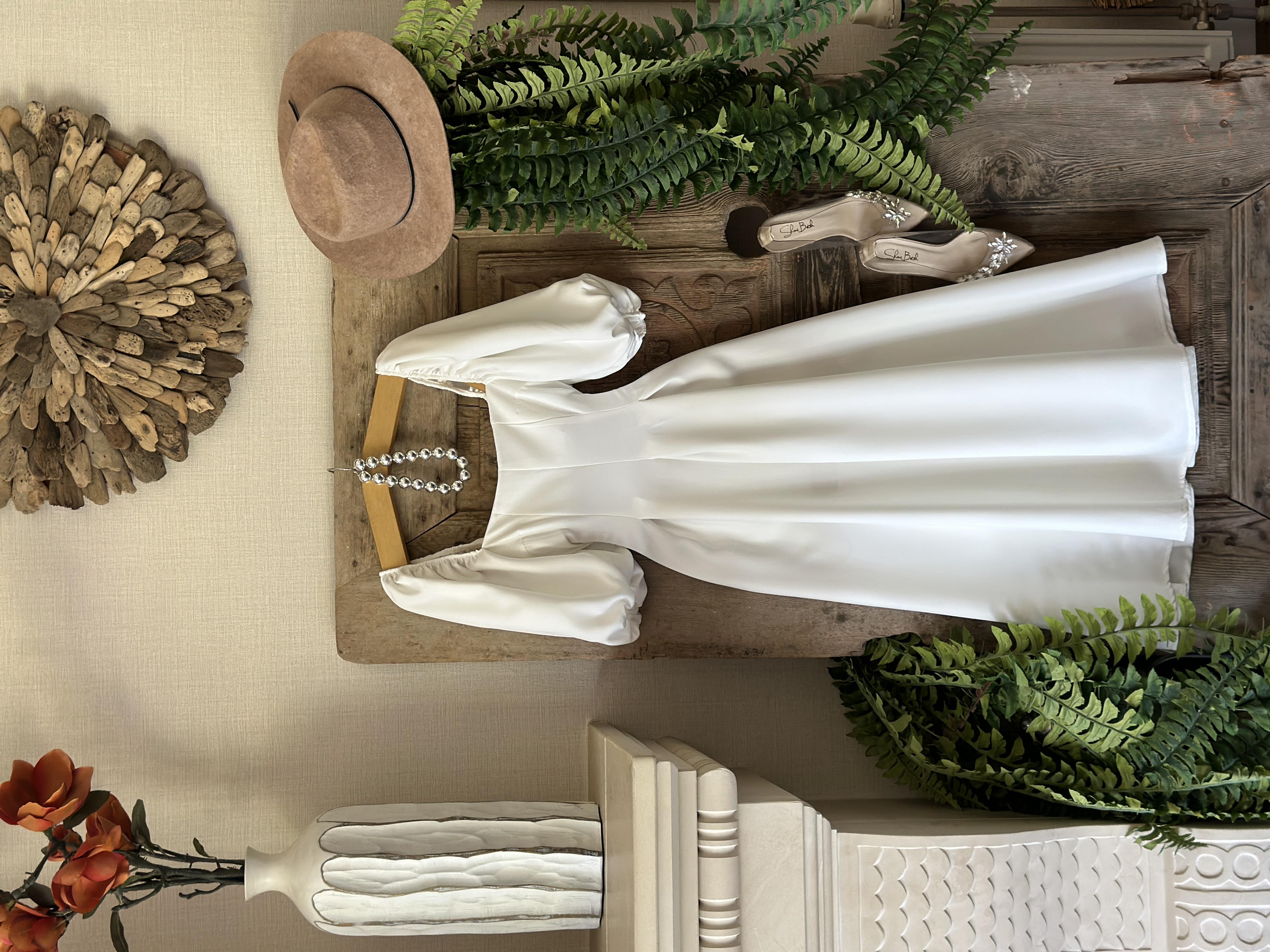 Atlas Kumaş Karpuz Kol Kare Yaka Renkli Midi Boy Elbise